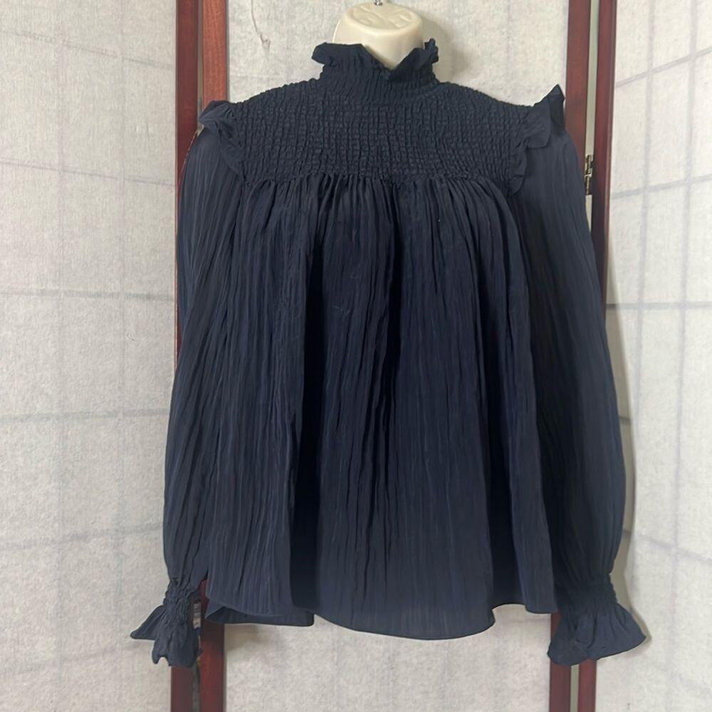 FRENCH CONNECTION. BLUE BOZA HIGH SMOCK NECK BLOUSE SIZE XS